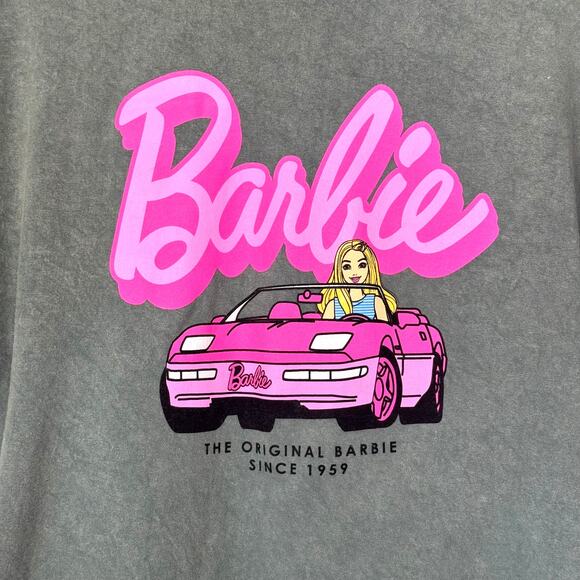 Barbie Wms XL Greenish Gray Crop SS Tee Shirt Pink Car Graphic Lettering Boxy - Picture 3 of 7